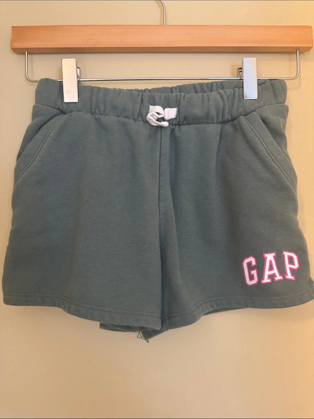 GAP Sage Green Fleece Shorts with Pink Logo